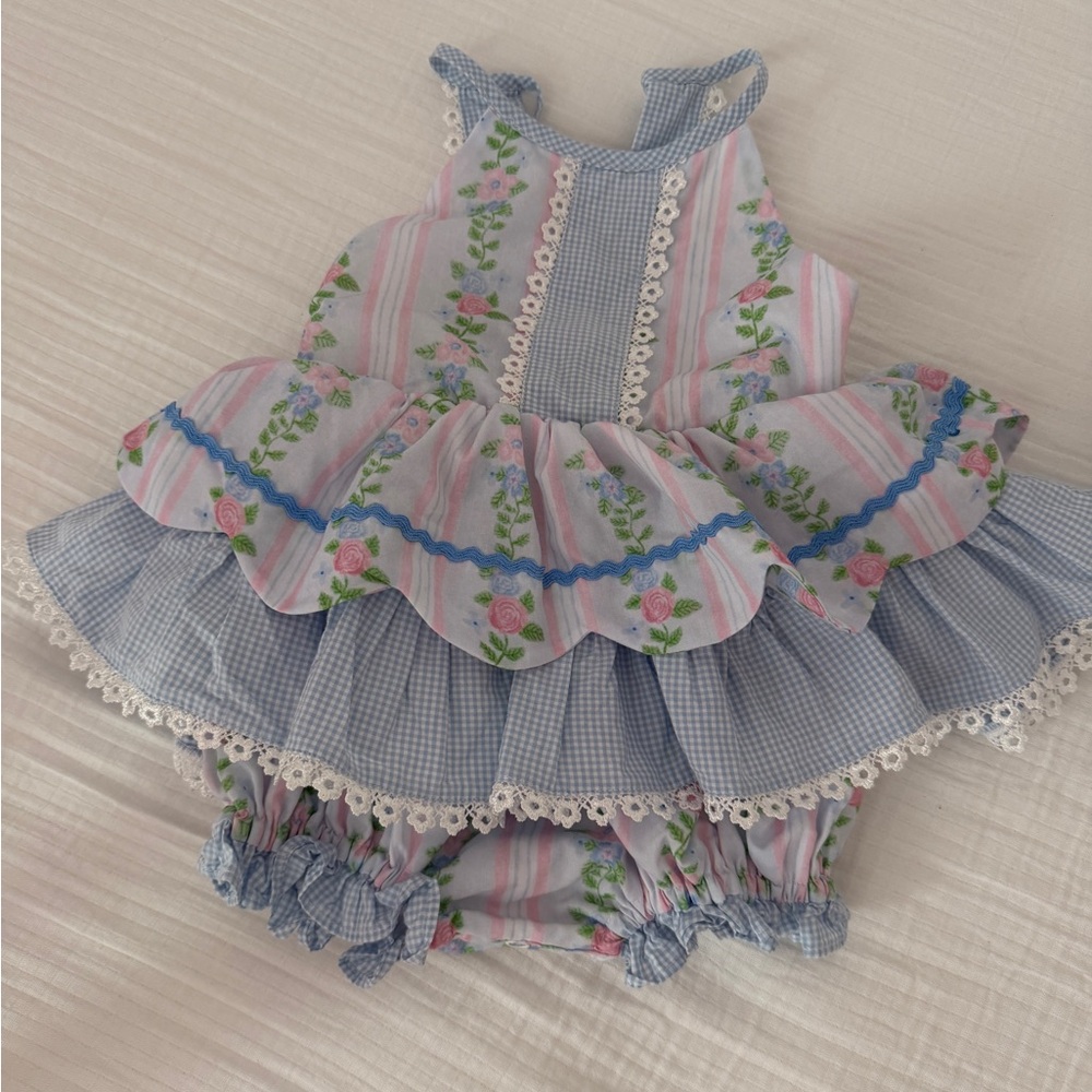 Girls Pastel Floral Blue Gingham One-Piece Romper